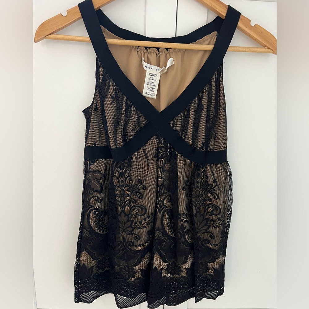 Max Studio NWT Black Lace and Nude Lined babydoll tank top SZ XS